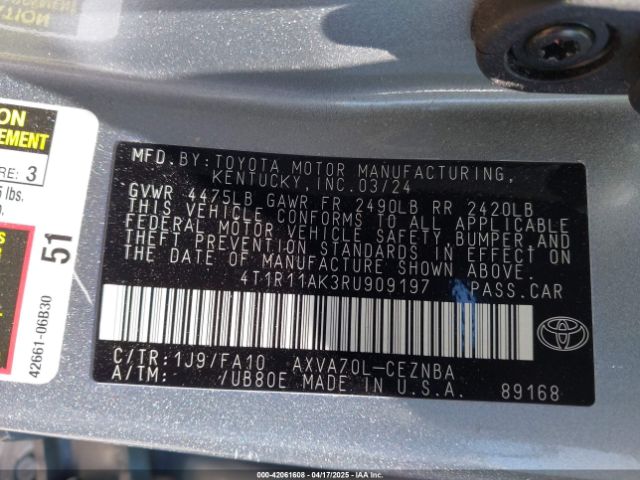 4T1R11AK3RU909197 Toyota CAMRY LE