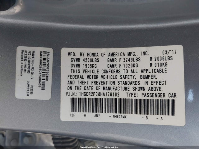 1HGCR2F38HA178102 Honda ACCORD LX