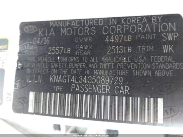 2016 KIA OPTIMA KNAGT4L34G5089729 Photo 8
