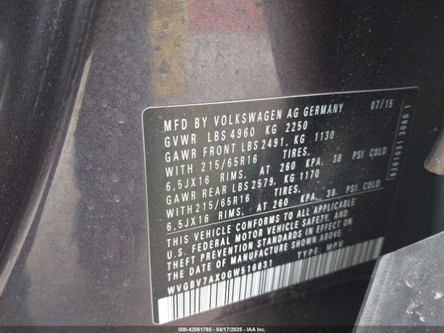 WVGBV7AX0GW516831 Volkswagen TIGUAN S