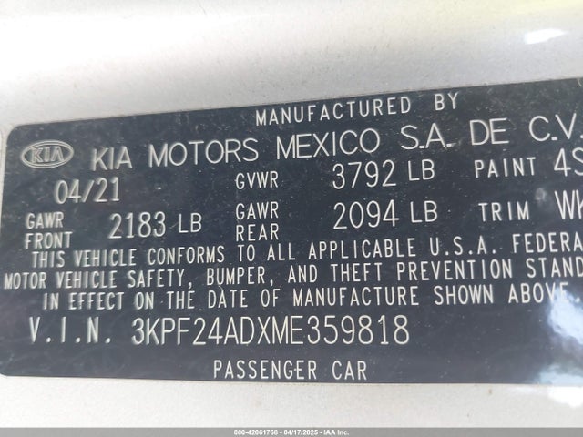 3KPF24ADXME359818 KIA Forte Lxs