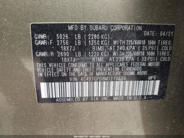 2021 SUBARU OUTBACK 4S4BTGPD8M3210606 Photo 8