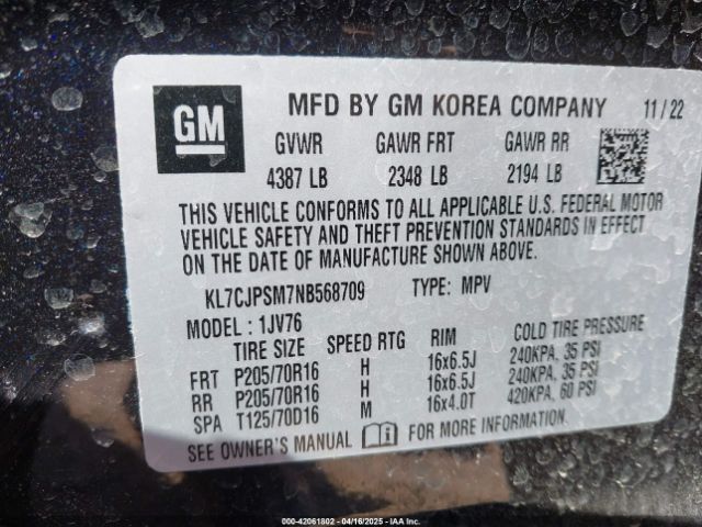 KL7CJPSM7NB568709 Chevrolet Trax Awd Lt