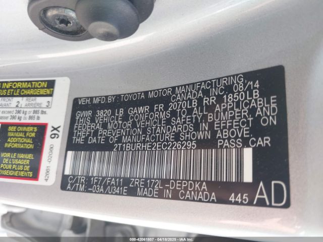 2T1BURHE2EC226295 Toyota COROLLA L