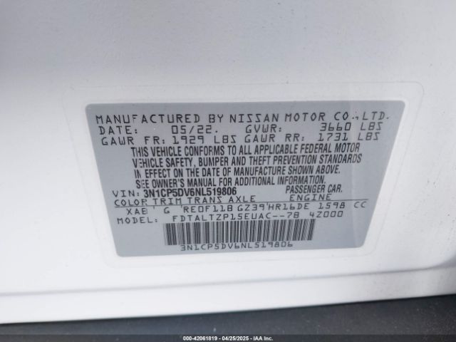 3N1CP5DV6NL519806 Nissan Kicks Sr Xtronic Cvt
