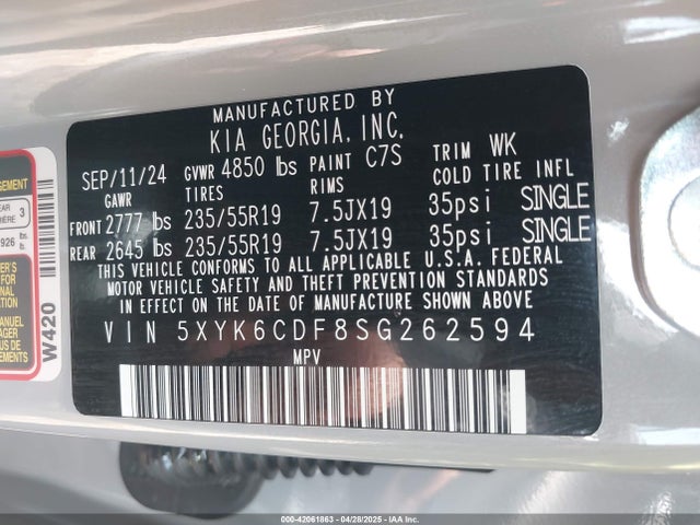 5XYK6CDF8SG262594 KIA gdi theta iii