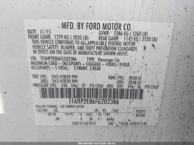 1FAHP2E86FG202386 Ford TAURUS SEL