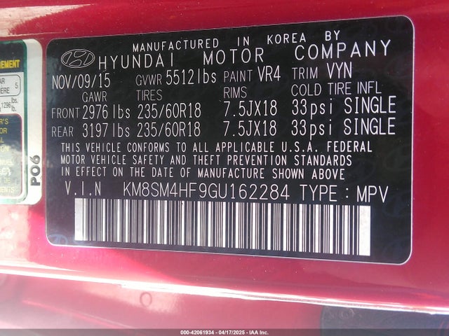 KM8SM4HF9GU162284 Hyundai Santa Fe Se