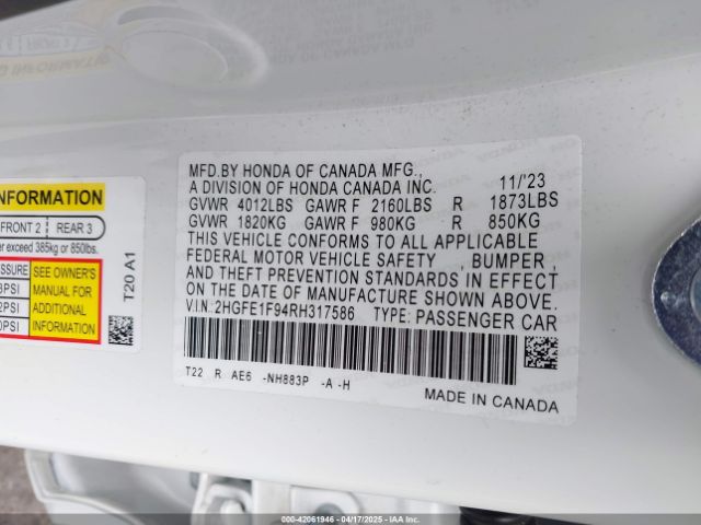 2024 HONDA CIVIC 2HGFE1F94RH317586 Photo 8