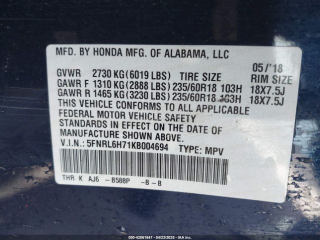 5FNRL6H71KB004694 Honda Odyssey Ex-l
