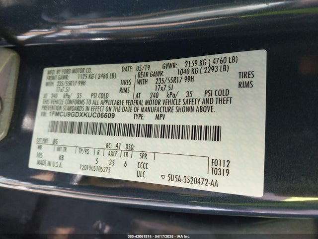 1FMCU9GDXKUC06609 Ford ESCAPE SE