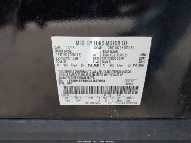1FM5K8F88GGB27698 Ford Explorer Limited