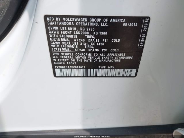 1V2GR2CA0KC599079 Volkswagen Atlas 3.6l V6 S