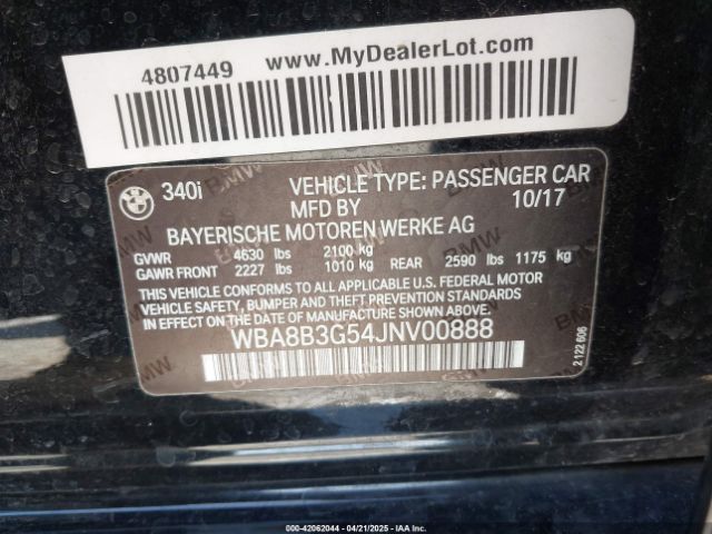 WBA8B3G54JNV00888 BMW 340i