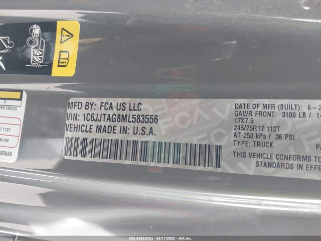 1C6JJTAG8ML583556 Jeep Gladiator Freedom 4x4