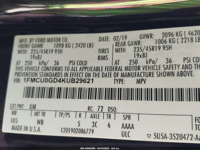 1FMCU0GD4KUB29621 Ford ESCAPE SE