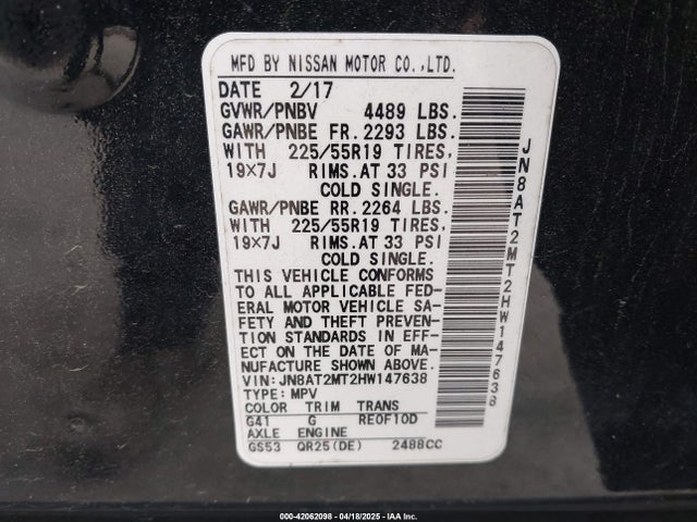 JN8AT2MT2HW147638 Nissan Rogue Sl