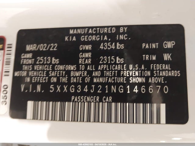 5XXG34J21NG146670 KIA K5 EX
