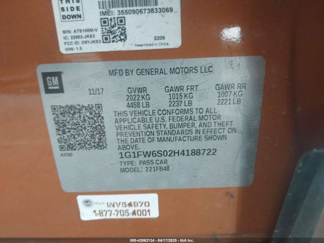 1G1FW6S02H4188722 Chevrolet BOLT EV LT