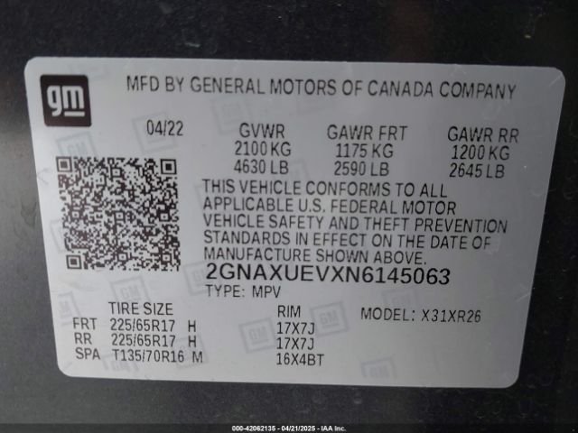 2GNAXUEVXN6145063 Chevrolet Equinox Awd Lt