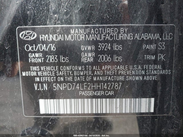 5NPD74LF2HH142787 Hyundai ELANTRA SE