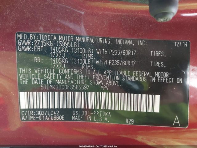 5TDYK3DC0FS565597 Toyota Sienna Xle 8 Passenger