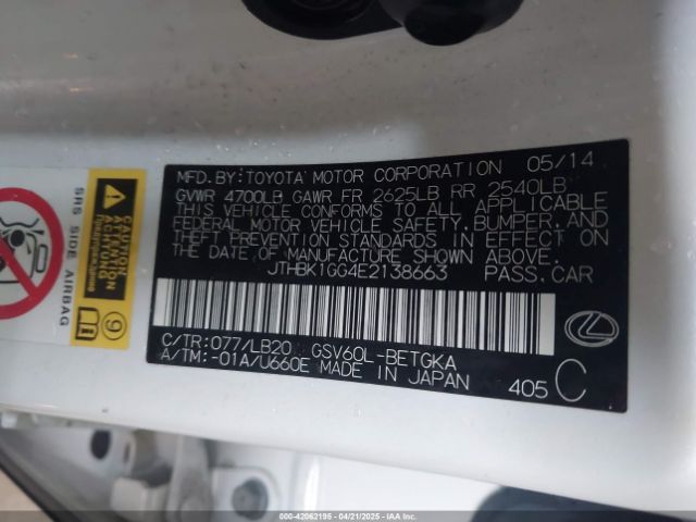 JTHBK1GG4E2138663 Lexus ES 350