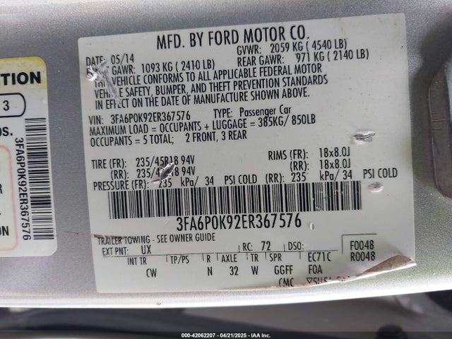 3FA6P0K92ER367576 Ford Fusion Titanium