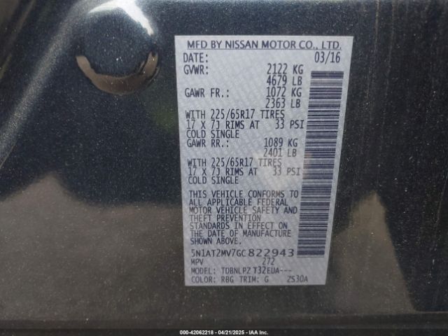 5N1AT2MV7GC822943 Nissan Rogue S/sl/sv