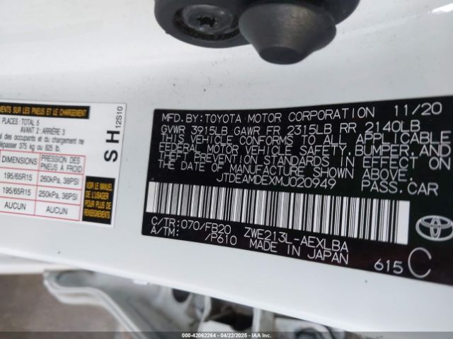 JTDEAMDEXMJ020949 Toyota Corolla Hybrid Le
