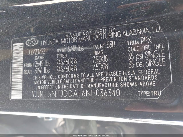 5NTJDDAF6NH036340 Hyundai Santa Cruz Sel Premium