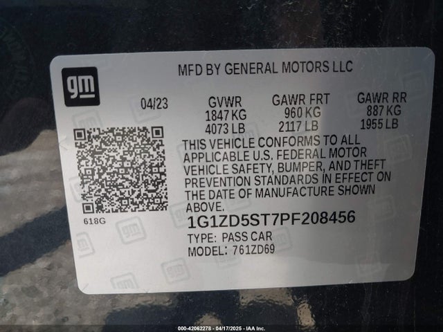 1G1ZD5ST7PF208456 Chevrolet Malibu Fwd 1lt