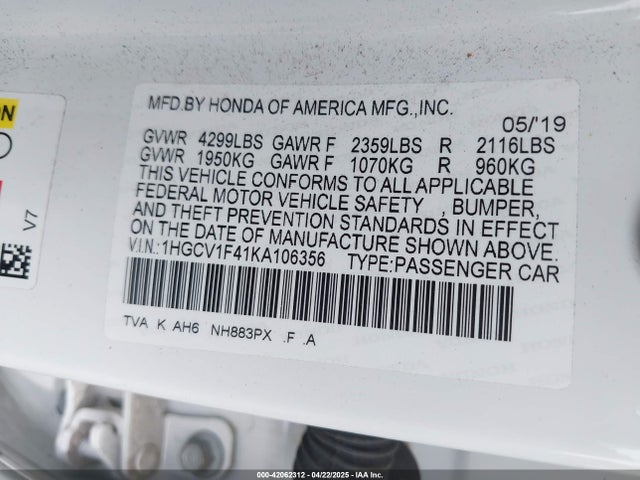 1HGCV1F41KA106356 Honda ACCORD EX