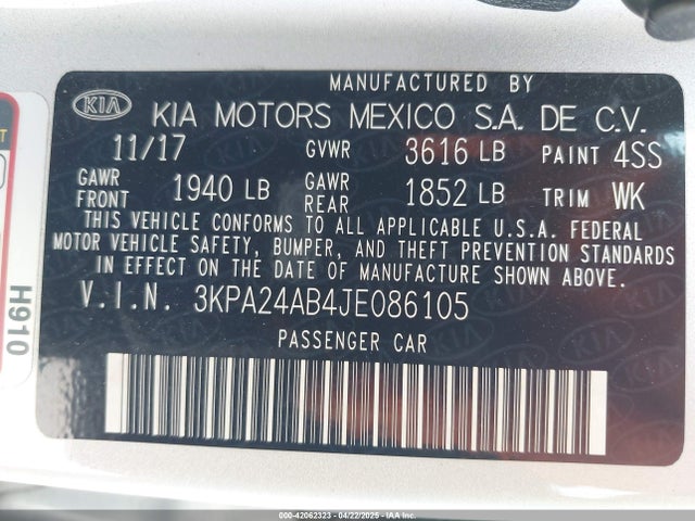3KPA24AB4JE086105 KIA RIO S