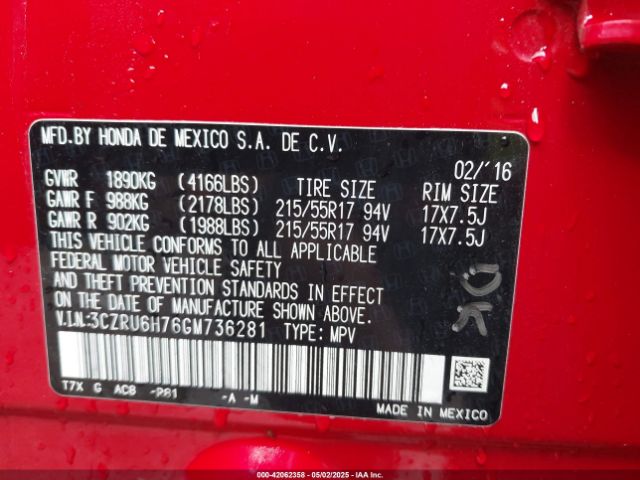 3CZRU6H76GM736281 Honda Hr-v Ex-l