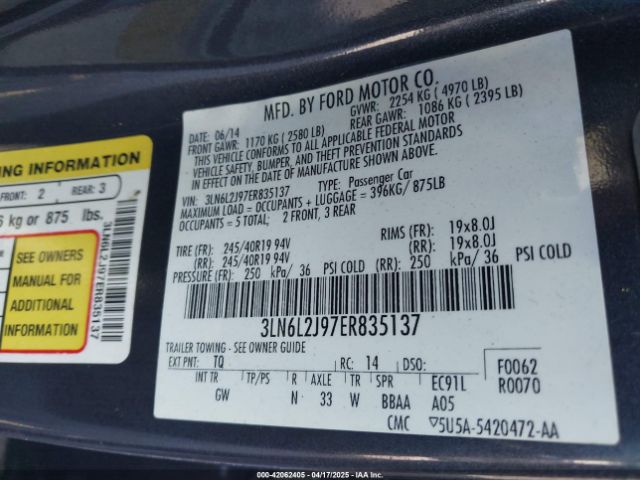 3LN6L2J97ER835137 Lincoln MKZ