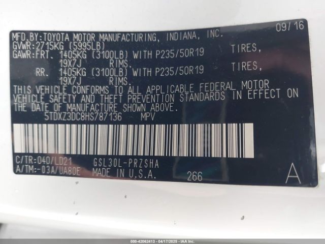 5TDXZ3DC8HS787136 Toyota Sienna Se 8 Passenger