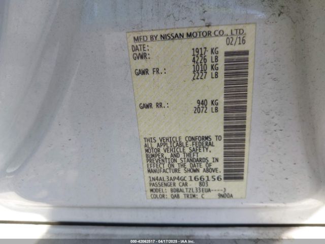 1N4AL3AP4GC166156 Nissan Altima 2.5 Sl