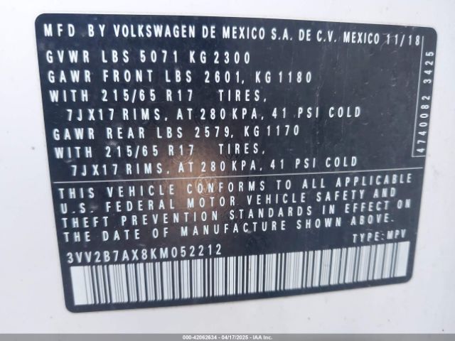 3VV2B7AX8KM052212 Volkswagen Tiguan 2.0t Se/2.0t Sel/2.0t Sel R-line/2.0t Sel R-line Black