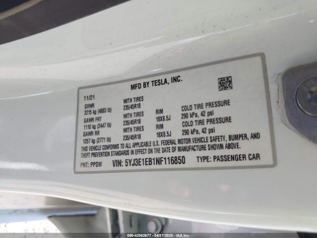 5YJ3E1EB1NF116850 Tesla Model 3 Long Range Dual Motor All-wheel Drive