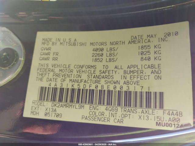 2011 MITSUBISHI ECLIPSE 4A31K5DF0BE003171 Photo 8