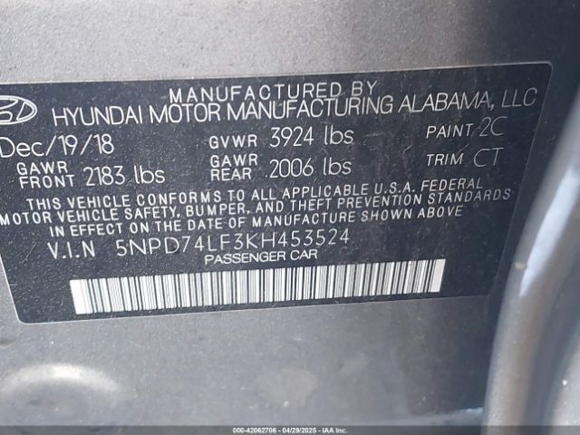 5NPD74LF3KH453524 Hyundai ELANTRA SE