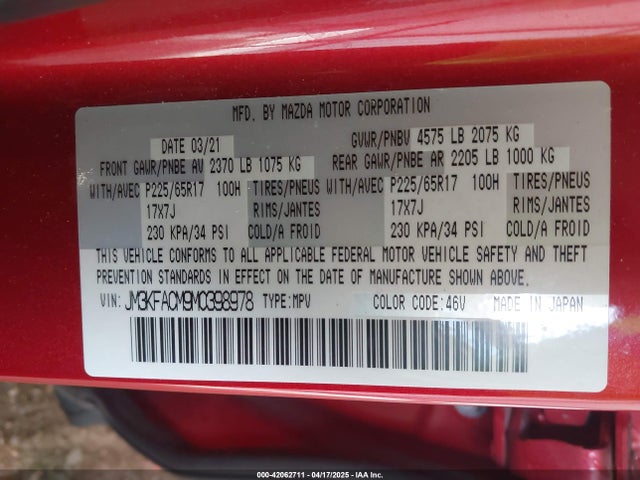 JM3KFACM9M0398978 Mazda py cylinder decativation