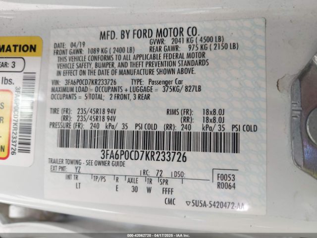 3FA6P0CD7KR233726 Ford FUSION SEL