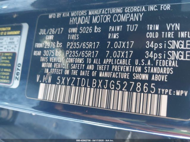 5XYZTDLBXJG527865 Hyundai SANTA FE SPORT