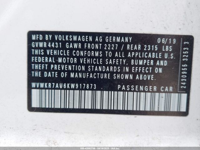 WVWKR7AU6KW917873 Volkswagen E-golf Se