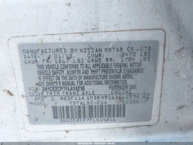 3N1CE2CP7FL414216 Nissan Versa Note S (sr)/s Plus/sl/sr/sv