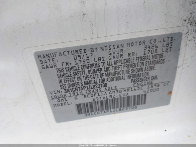 3N1CN7AP1JL823708 Nissan Versa 1.6 Sv