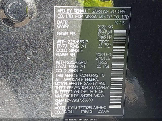 KNMAT2MV9GP659130 Nissan ROGUE SV