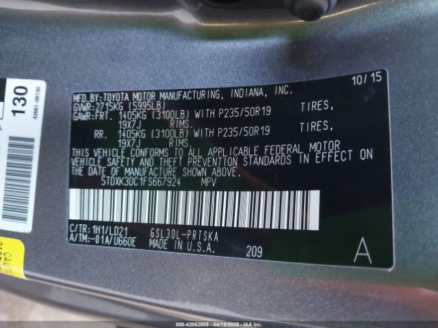 5TDXK3DC1FS667924 Toyota Sienna Se Premium 8 Passenger